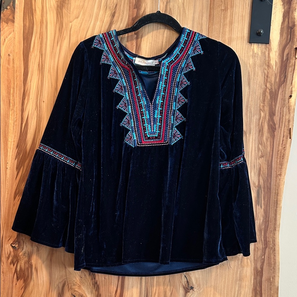 Solitaire Navy Velvet Blouse with Colorful Embroidery